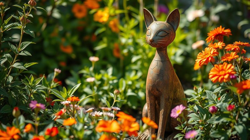 Chat décoratif en métal rouillé : la touche rustique qui transforme votre jardin