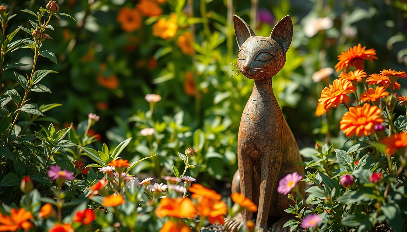Chat décoratif en métal rouillé : la touche rustique qui transforme votre jardin
